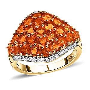 Fire Opal and White Zircon 2.28 ctw Cluster Ring in 14K Yellow Gold Over Sterling Silver (Size 11.5)