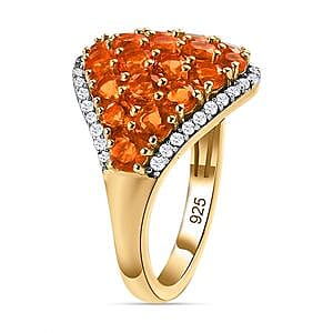 Fire Opal and White Zircon 2.28 ctw Cluster Ring in 14K Yellow Gold Over Sterling Silver (Size 11.5)