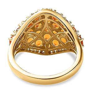 Fire Opal and White Zircon 2.28 ctw Cluster Ring in 14K Yellow Gold Over Sterling Silver (Size 11.5)