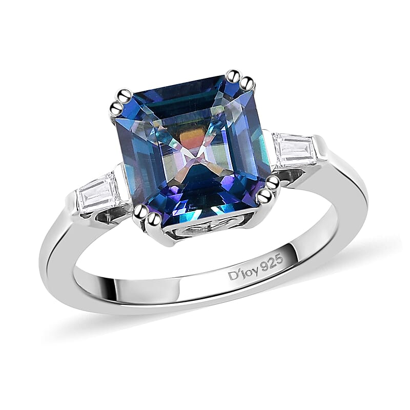 Asscher Cut Brazilian Periwinkle Bloom Petalite and White Topaz 3 Stone Ring in Platinum Over Sterling Silver (Size 10.0) 2.35 ctw