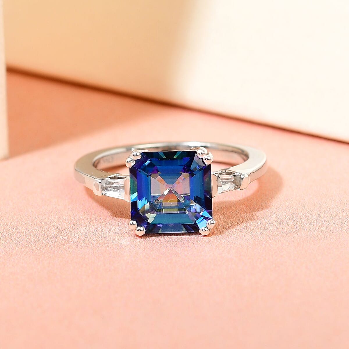 Asscher Cut Periwinkle Bloom Petalite and White Topaz 3 Stone Ring in Platinum Over Sterling Silver 2.35 ctw image number 1