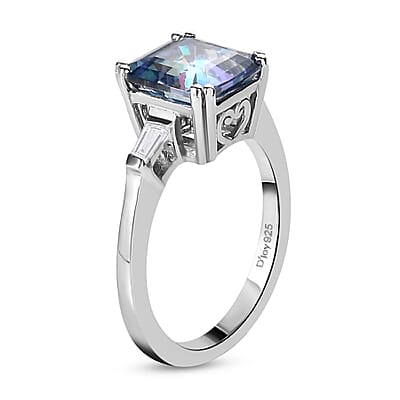 Asscher Cut Brazilian Periwinkle Bloom Petalite and White Topaz 3 Stone Ring in Platinum Over Sterling Silver (Size 10.0) 2.35 ctw