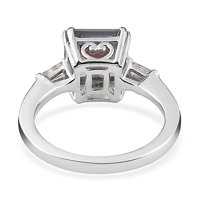 Asscher Cut Brazilian Periwinkle Bloom Petalite and White Topaz 3 Stone Ring in Platinum Over Sterling Silver (Size 10.0) 2.35 ctw