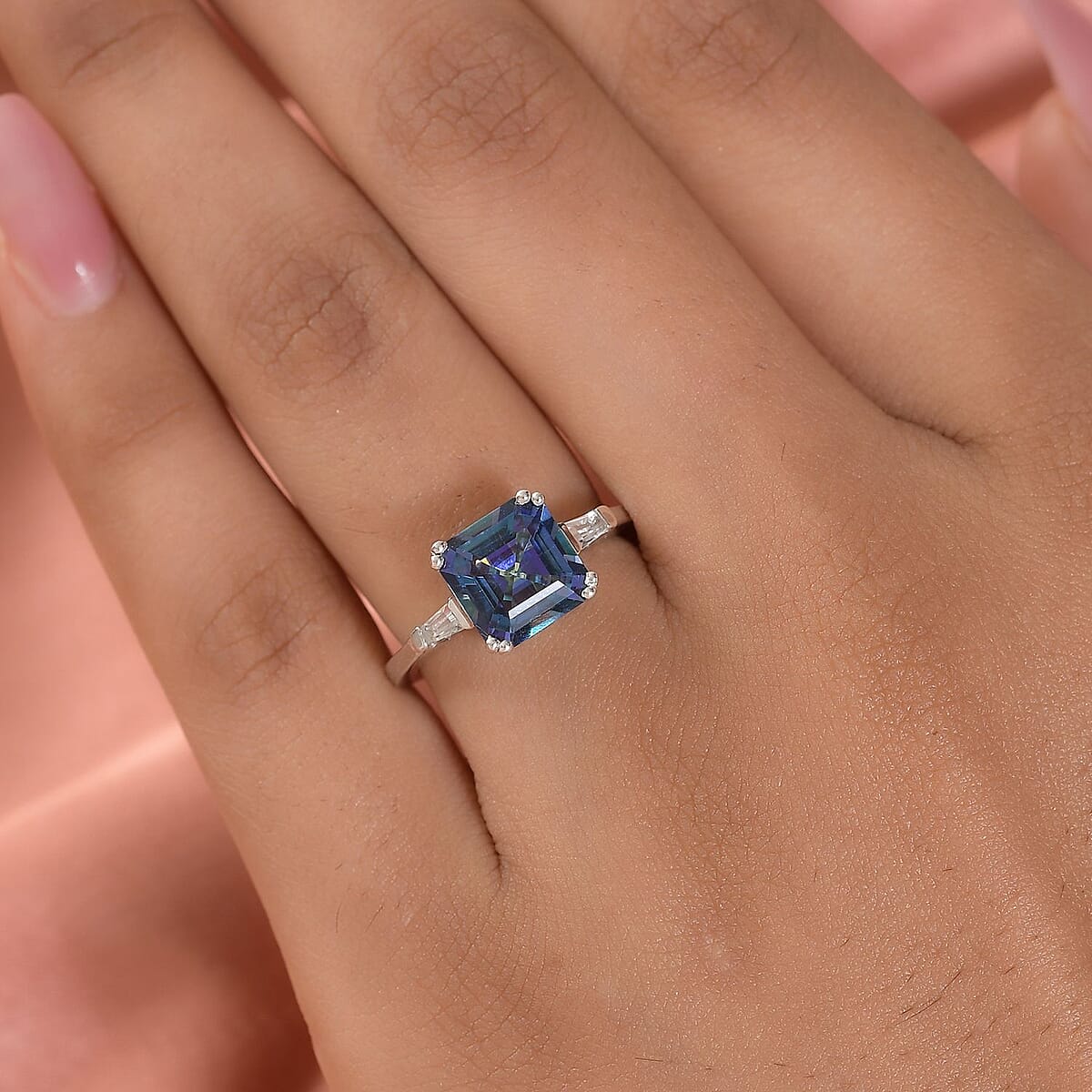 Asscher Cut Brazilian Periwinkle Bloom Petalite and White Topaz 3 Stone Ring in Platinum Over Sterling Silver (Size 9.0) 2.35 ctw image number 2