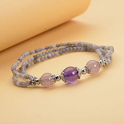 Multi Gemstone Beaded Stretchable Two Row Bracelet 41.00 ctw