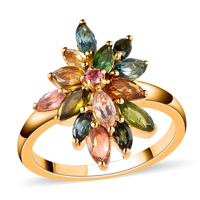 Multi-Tourmaline Elongated Ring in Vermeil Yellow Gold Over Sterling Silver (Size 8.0) 1.65 ctw