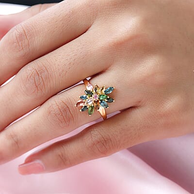 Multi-Tourmaline Elongated Ring in Vermeil Yellow Gold Over Sterling Silver (Size 8.0) 1.65 ctw