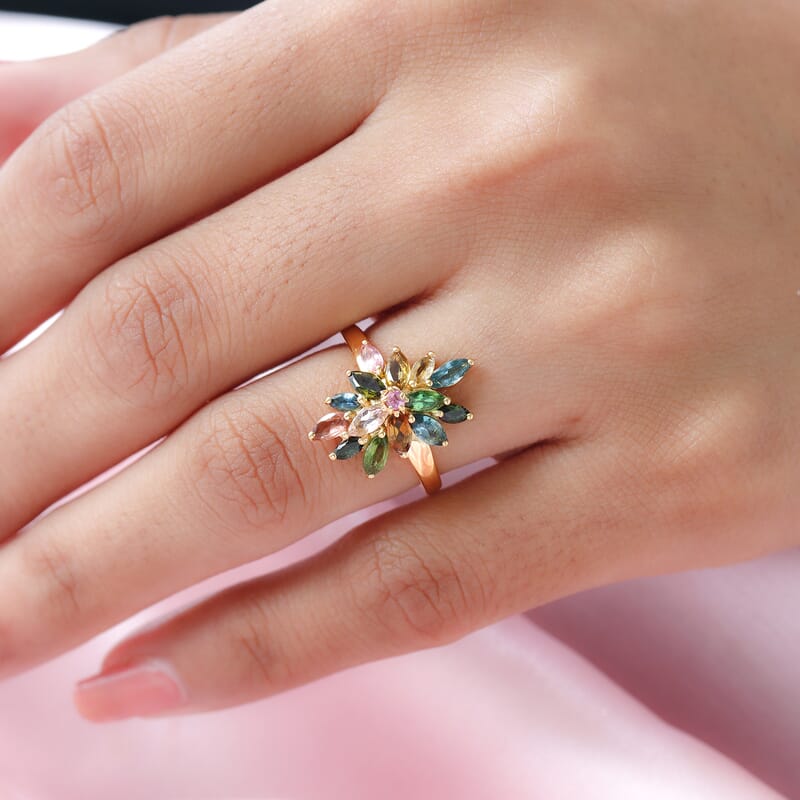 Multi-Tourmaline Elongated Ring in Vermeil Yellow Gold Over Sterling Silver (Size 8.0) 1.65 ctw