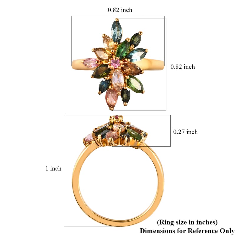 Multi-Tourmaline Elongated Ring in Vermeil Yellow Gold Over Sterling Silver (Size 8.0) 1.65 ctw