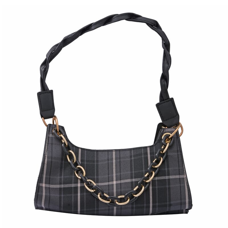 Royal Siamese Black Color Check Pattern Faux Leather Mini Handbag for Women with Handle Drop and Shoulder Strap , Mini Shoulder Bag , Designer Bags , Ladies Purse