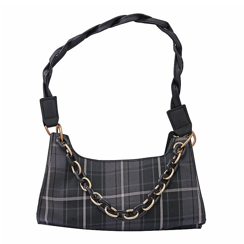 Royal Siamese Black Color Check Pattern Faux Leather Mini Handbag for Women with Handle Drop and Shoulder Strap , Mini Shoulder Bag , Designer Bags , Ladies Purse