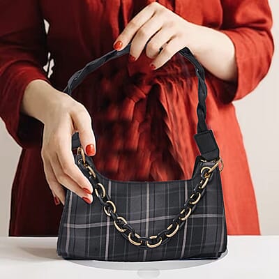 Royal Siamese Black Color Check Pattern Faux Leather Mini Handbag for Women with Handle Drop and Shoulder Strap , Mini Shoulder Bag , Designer Bags , Ladies Purse