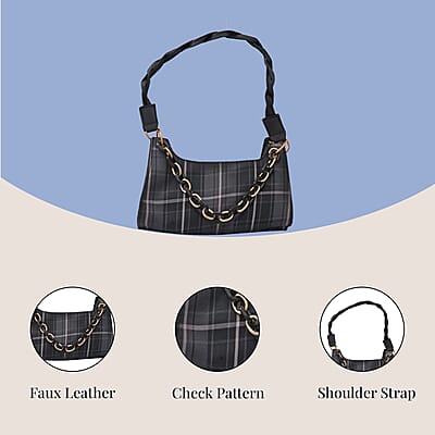 Royal Siamese Black Color Check Pattern Faux Leather Mini Handbag for Women with Handle Drop and Shoulder Strap , Mini Shoulder Bag , Designer Bags , Ladies Purse