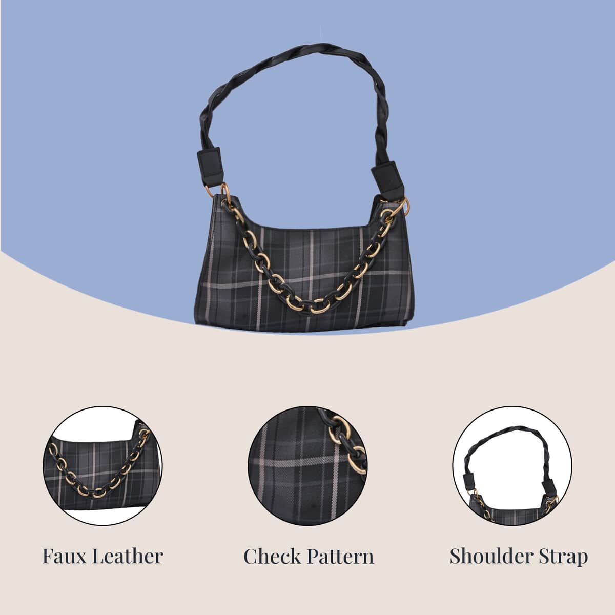 ROYAL SIAMESE Black Color Check Pattern Faux Leather Mini Handbag (3.72"x2.01"x1.08") with Handle Drop and Shoulder Strap image number 2