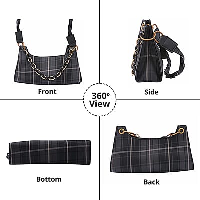 Royal Siamese Black Color Check Pattern Faux Leather Mini Handbag for Women with Handle Drop and Shoulder Strap , Mini Shoulder Bag , Designer Bags , Ladies Purse