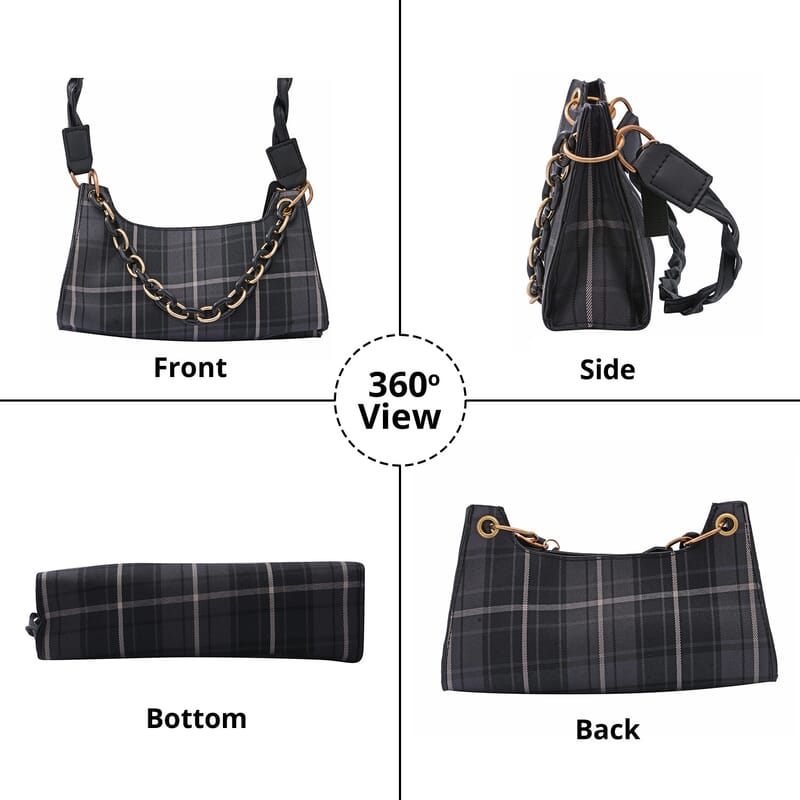 Royal Siamese Black Color Check Pattern Faux Leather Mini Handbag for Women with Handle Drop and Shoulder Strap , Mini Shoulder Bag , Designer Bags , Ladies Purse