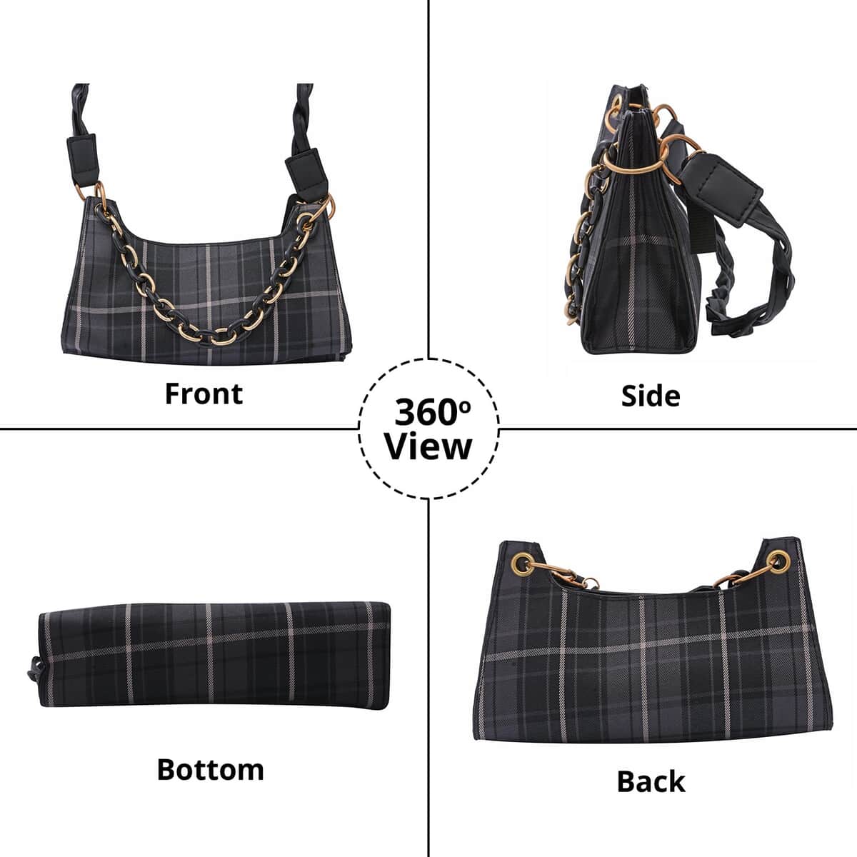 ROYAL SIAMESE Black Color Check Pattern Faux Leather Mini Handbag (3.72"x2.01"x1.08") with Handle Drop and Shoulder Strap image number 3