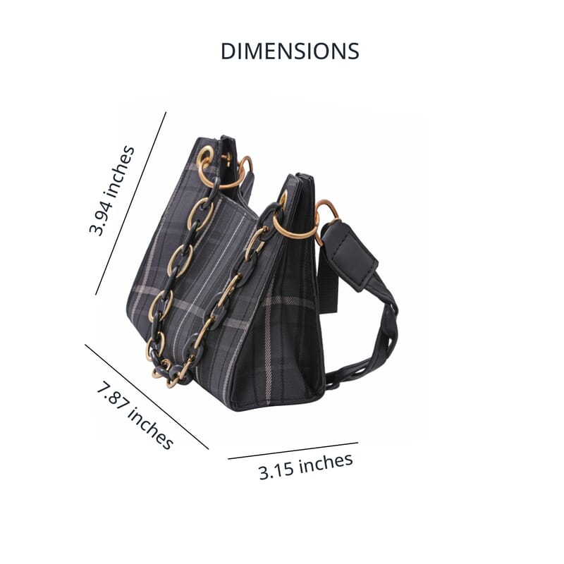 Royal Siamese Black Color Check Pattern Faux Leather Mini Handbag for Women with Handle Drop and Shoulder Strap , Mini Shoulder Bag , Designer Bags , Ladies Purse