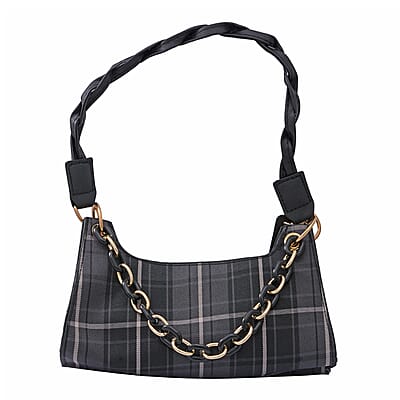 Royal Siamese Black Color Check Pattern Faux Leather Mini Handbag for Women with Handle Drop and Shoulder Strap , Mini Shoulder Bag , Designer Bags , Ladies Purse