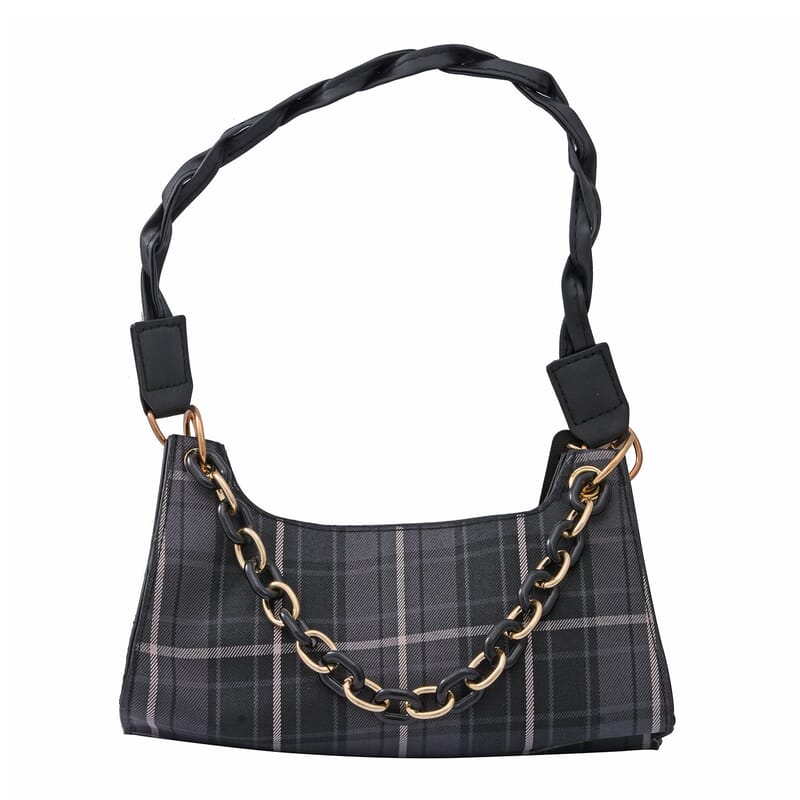 Royal Siamese Black Color Check Pattern Faux Leather Mini Handbag for Women with Handle Drop and Shoulder Strap , Mini Shoulder Bag , Designer Bags , Ladies Purse