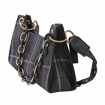Royal Siamese Black Color Check Pattern Faux Leather Mini Handbag for Women with Handle Drop and Shoulder Strap , Mini Shoulder Bag , Designer Bags , Ladies Purse