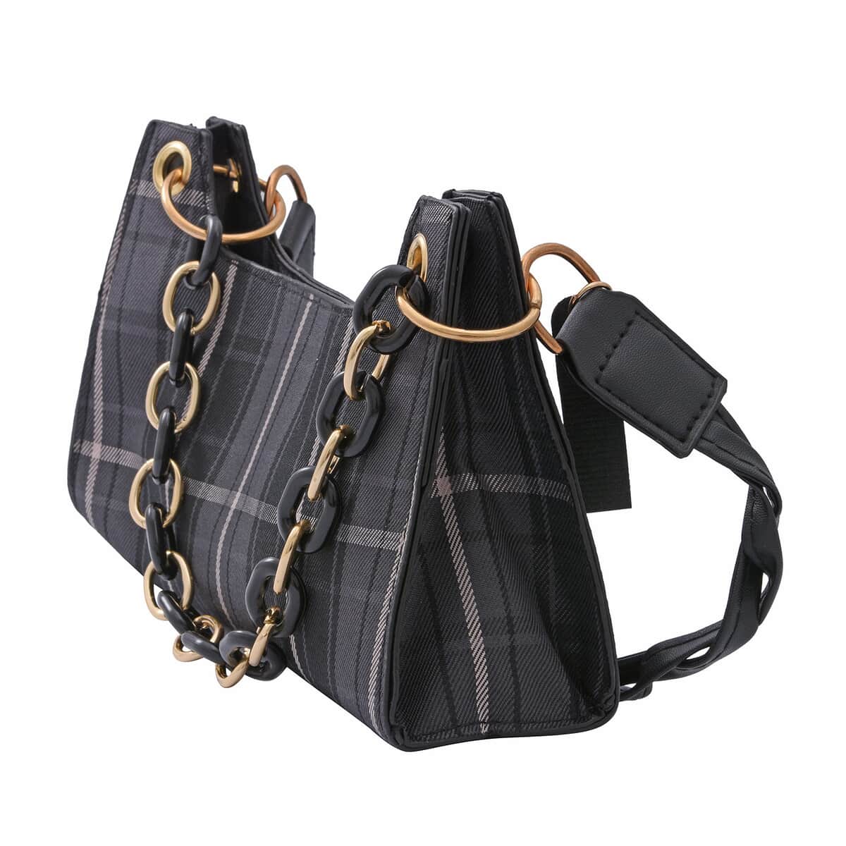 ROYAL SIAMESE Black Color Check Pattern Faux Leather Mini Handbag (3.72"x2.01"x1.08") with Handle Drop and Shoulder Strap image number 6