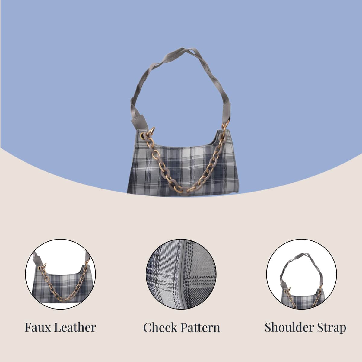 Royal Siamese Gray Color Check Pattern Faux Leather Mini Handbag for Women with Handle Drop and Shoulder Strap , Mini Shoulder Bag , Designer Bags , Ladies Purse image number 2