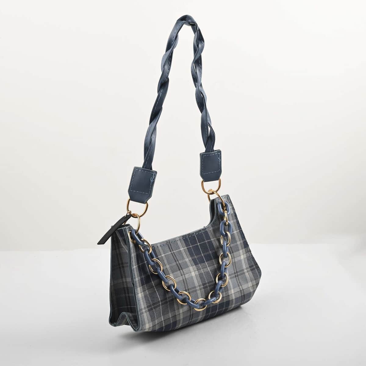 Royal Siamese Navy Color Check Pattern Faux Leather Mini Handbag for Women with Handle Drop and Shoulder Strap , Mini Shoulder Bag , Designer Bags , Ladies Purse image number 5