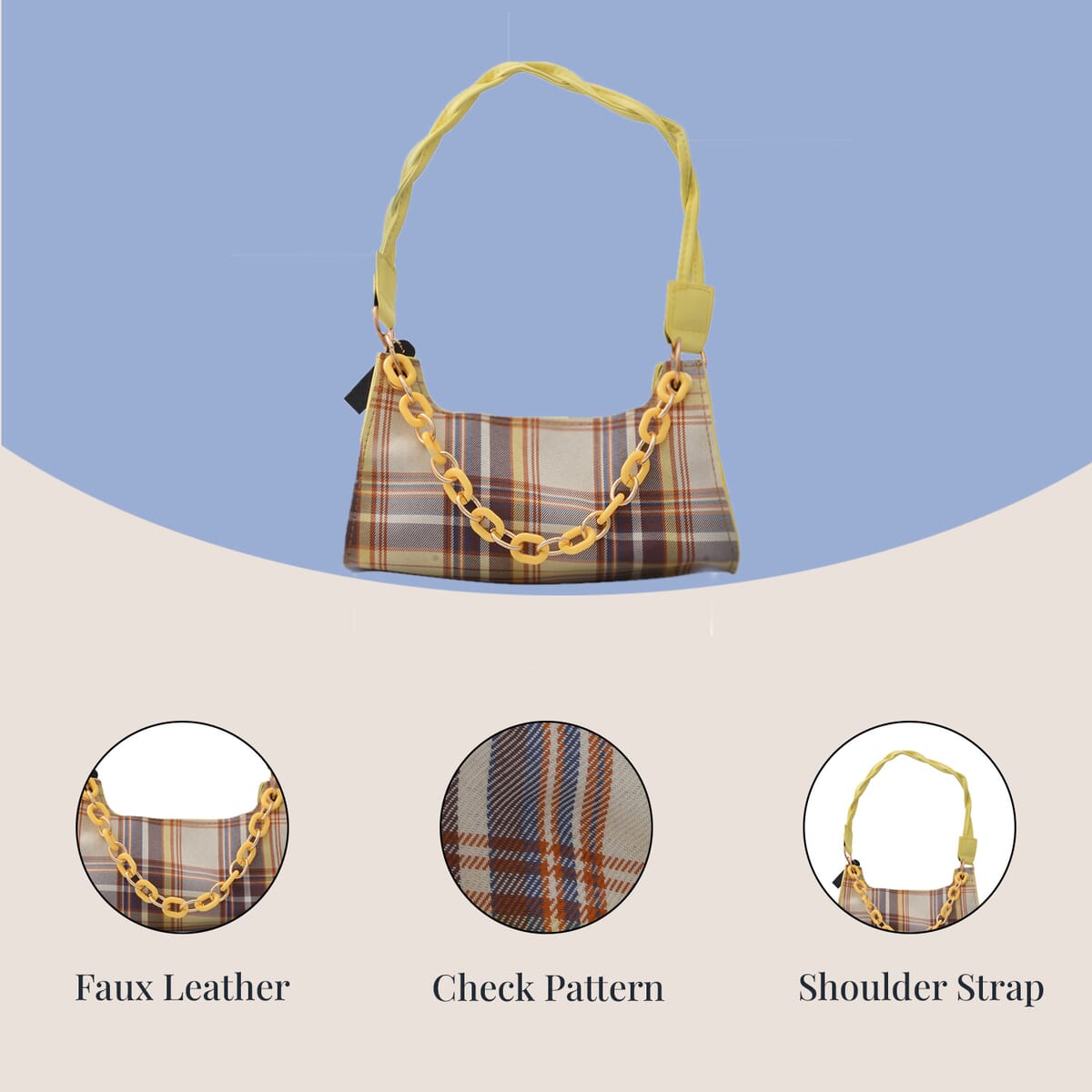 Royal Siamese Yellow Color Check Pattern Faux Leather Mini Handbag for Women with Handle Drop and Shoulder Strap , Mini Shoulder Bag , Designer Bags , Ladies Purse image number 2
