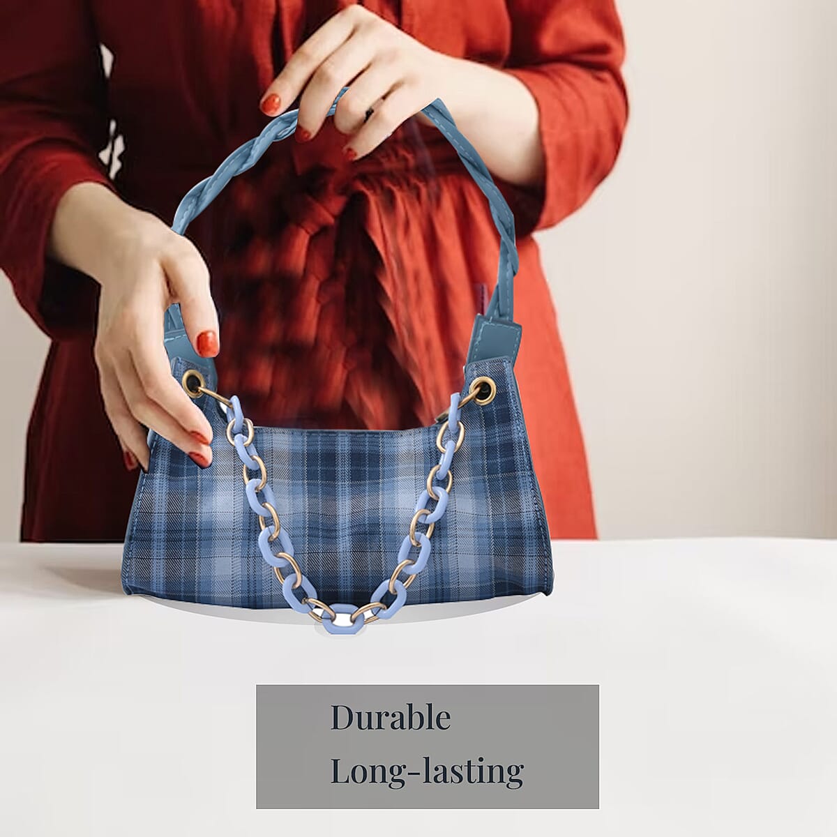 Royal Siamese Blue Color Check Pattern Faux Leather Mini Handbag for Women with Handle Drop and Shoulder Strap , Mini Shoulder Bag , Designer Bags , Ladies Purse image number 1