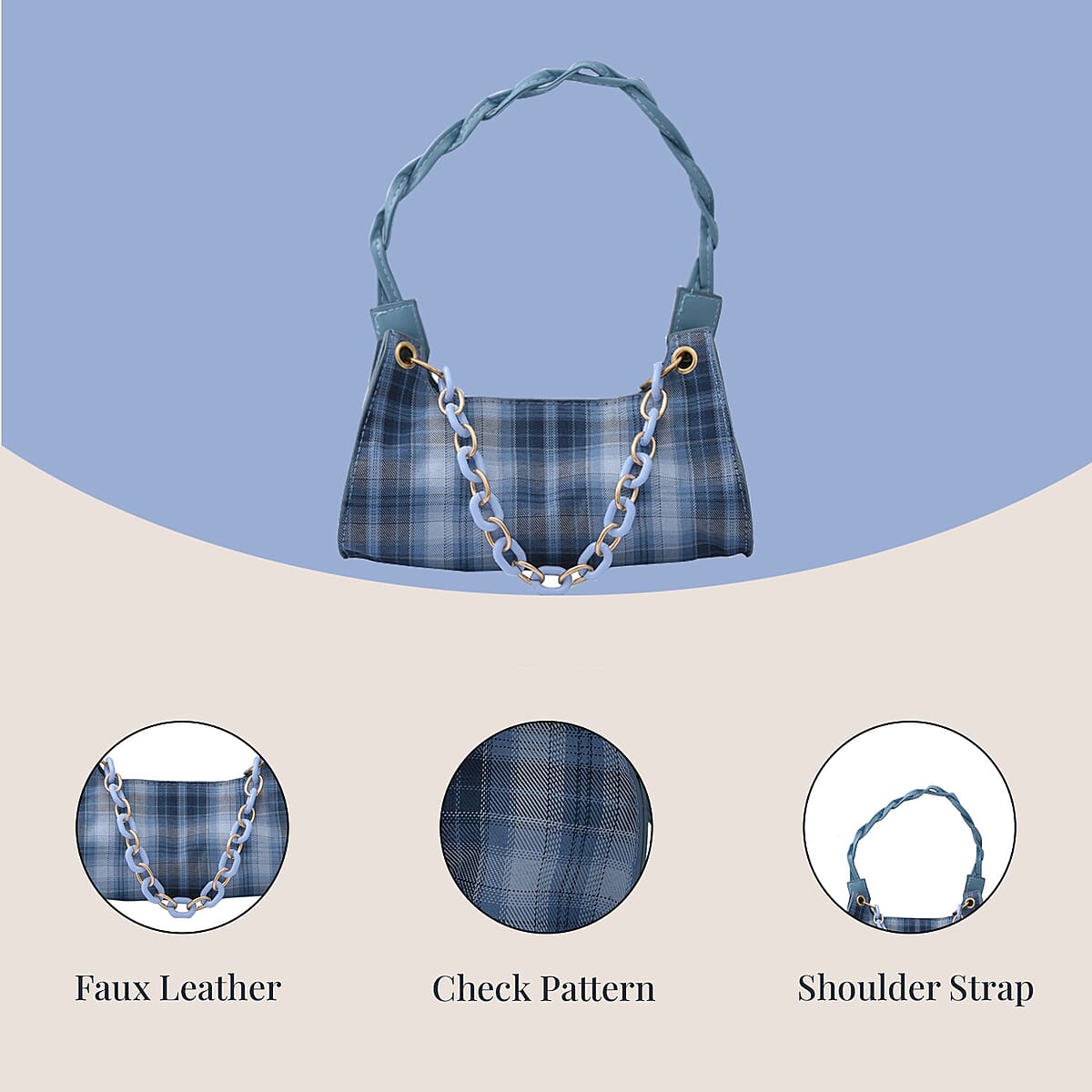 Royal Siamese Blue Color Check Pattern Faux Leather Mini Handbag for Women with Handle Drop and Shoulder Strap , Mini Shoulder Bag , Designer Bags , Ladies Purse image number 2