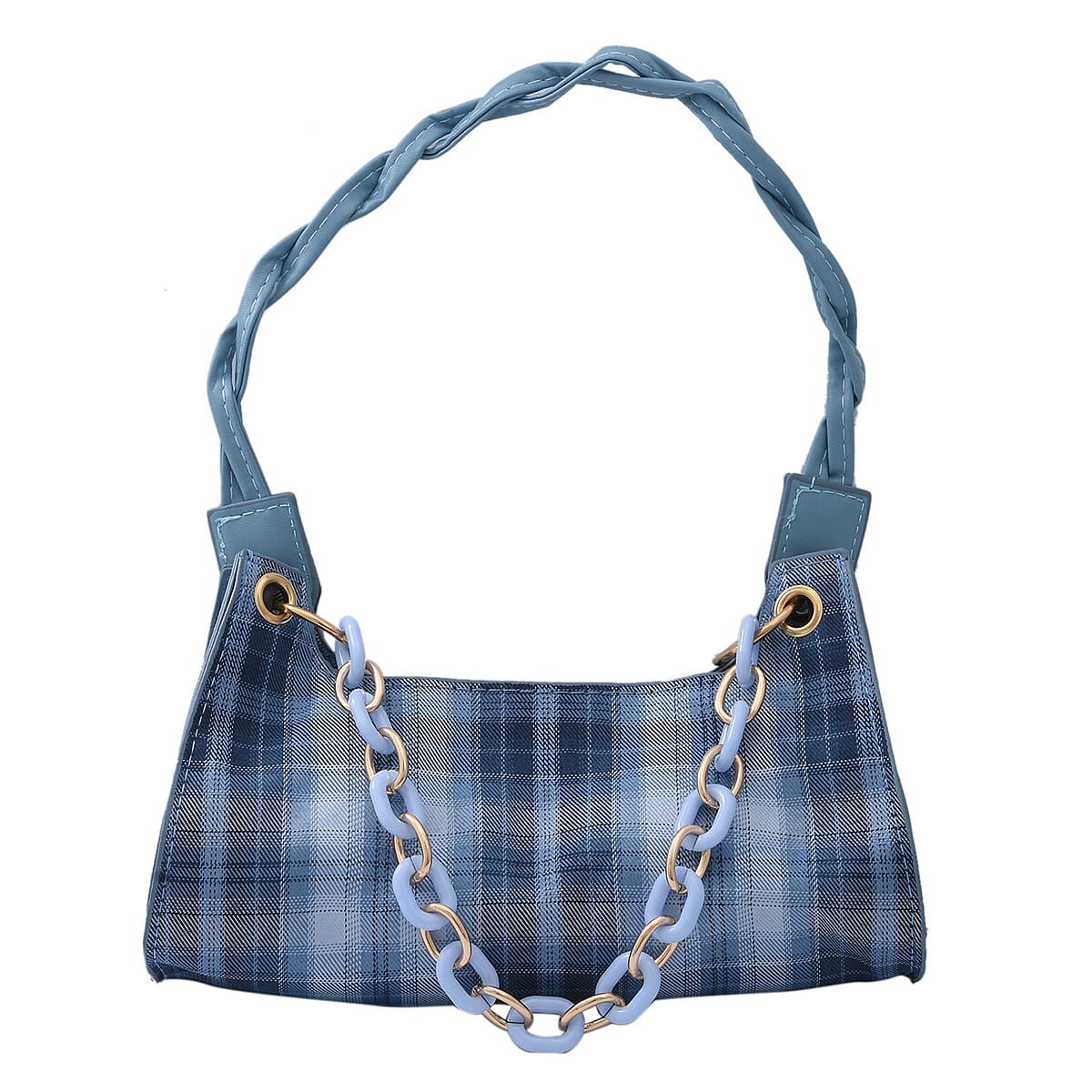 Royal Siamese Blue Color Check Pattern Faux Leather Mini Handbag for Women with Handle Drop and Shoulder Strap , Mini Shoulder Bag , Designer Bags , Ladies Purse image number 4