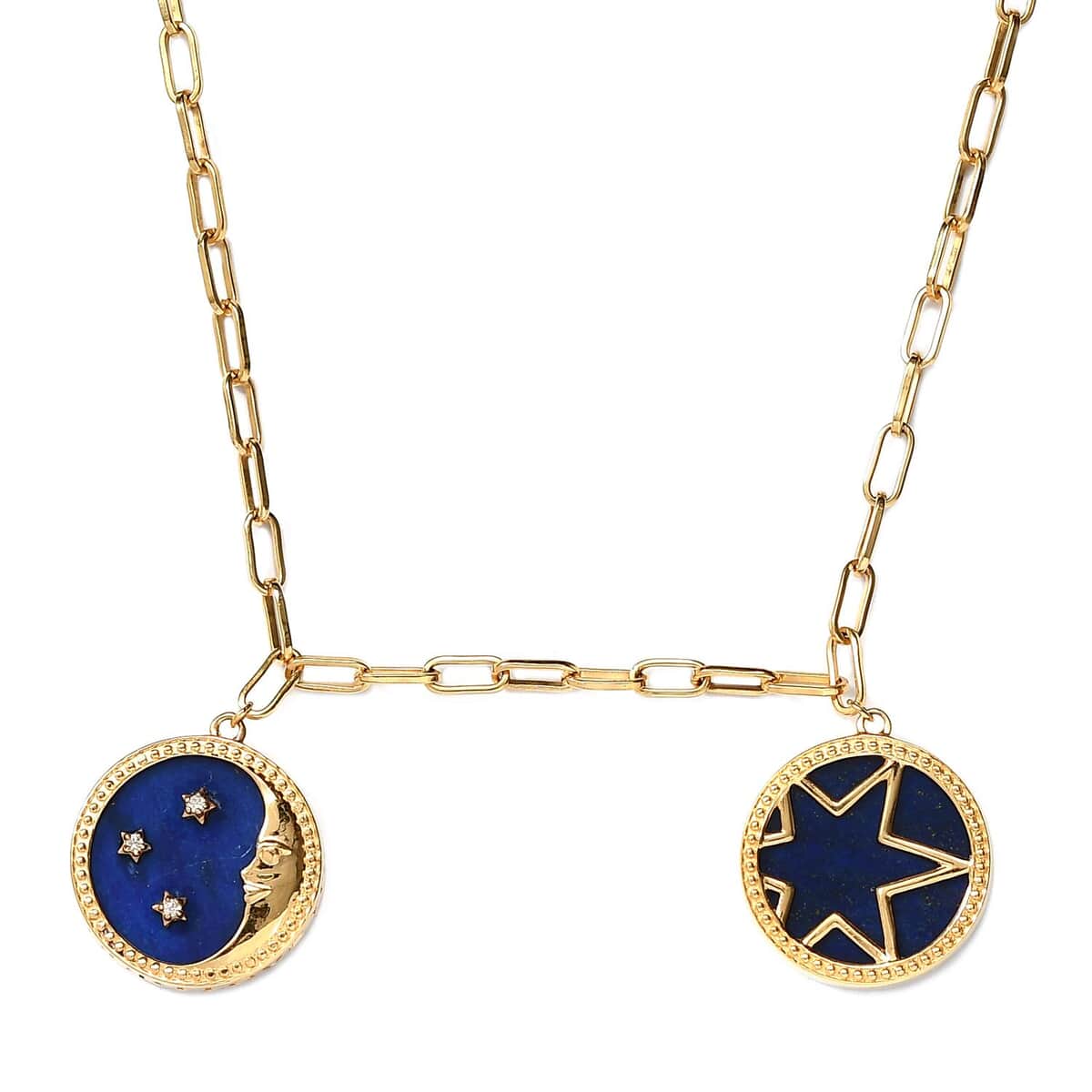 Lapis Lazuli and Zircon Celestial Moon and Star Coin Charms Paper Clip Necklace 20 Inches in Vermeil YG Over Sterling Silver 29.15 ctw image number 0