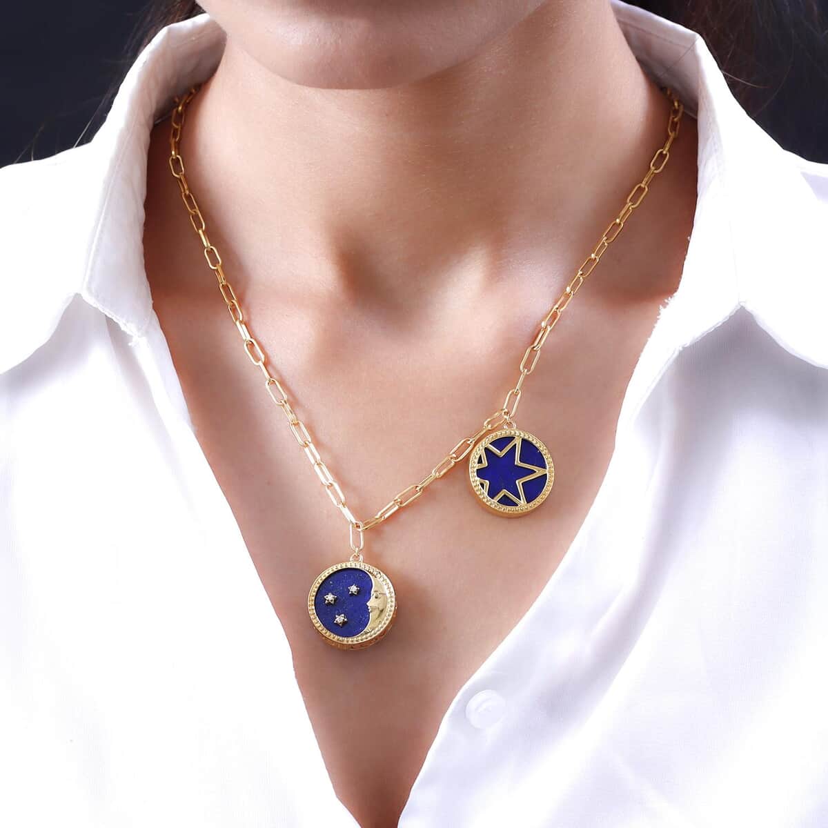 Lapis Lazuli and Zircon Celestial Moon and Star Coin Charms Paper Clip Necklace 20 Inches in Vermeil YG Over Sterling Silver 29.15 ctw image number 2
