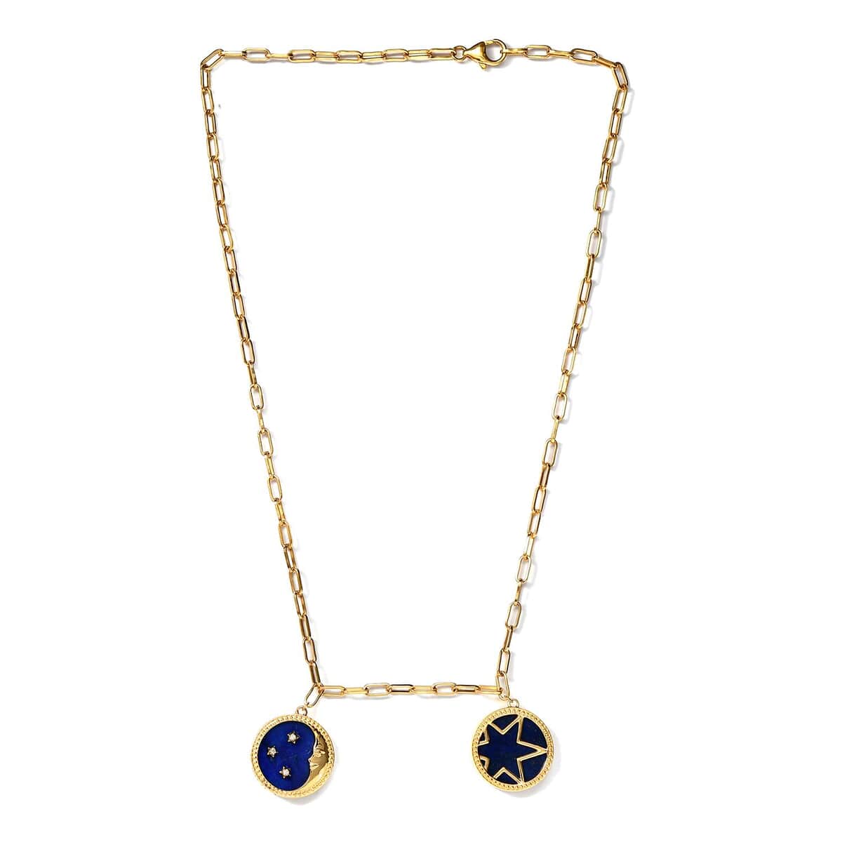 Lapis Lazuli and Zircon Celestial Moon and Star Coin Charms Paper Clip Necklace 20 Inches in Vermeil YG Over Sterling Silver 29.15 ctw image number 3