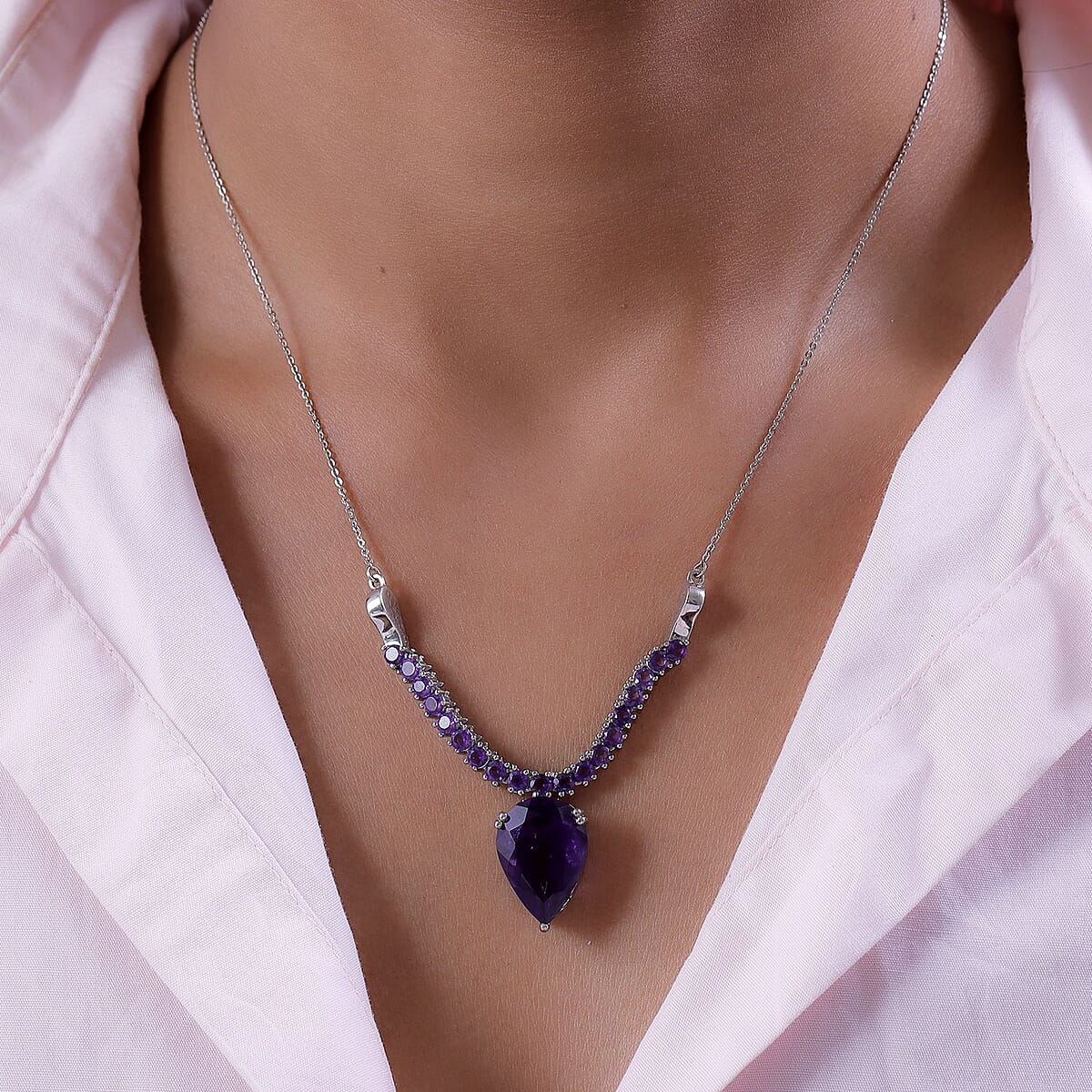 Premium Amethyst 2 Way Wearable Necklace 18 Inches in Platinum Over Sterling Silver 12.10 ctw image number 3