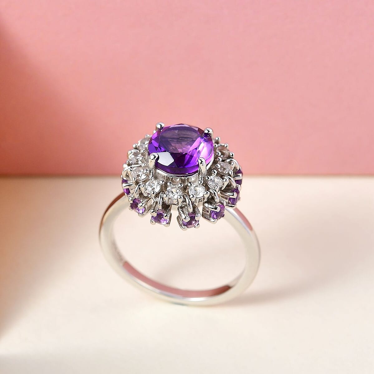 Premium Amethyst and Natural White Zircon Cocktail Ring in Platinum Over Sterling Silver (Size 5.0) 2.75 ctw image number 1