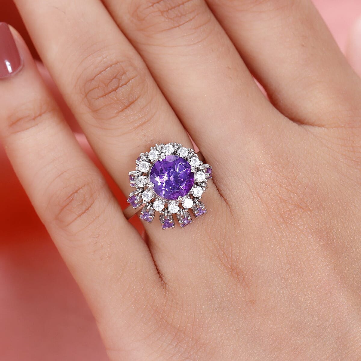 Premium Amethyst and Natural White Zircon Cocktail Ring in Platinum Over Sterling Silver (Size 5.0) 2.75 ctw image number 2