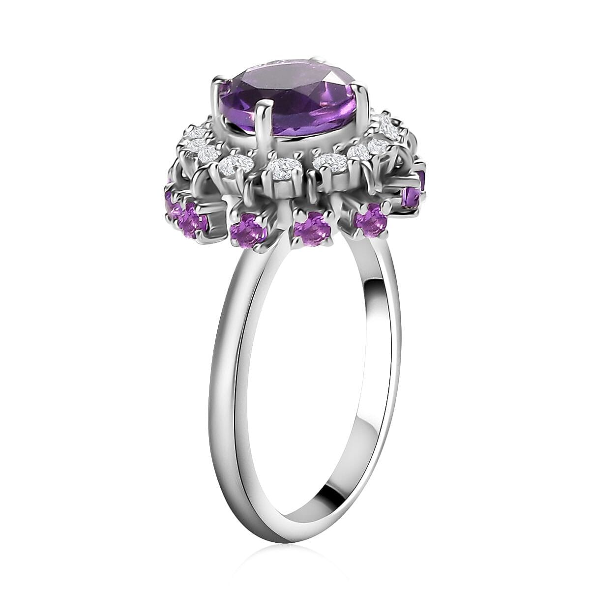 Premium Amethyst and Natural White Zircon Cocktail Ring in Platinum Over Sterling Silver (Size 5.0) 2.75 ctw image number 3