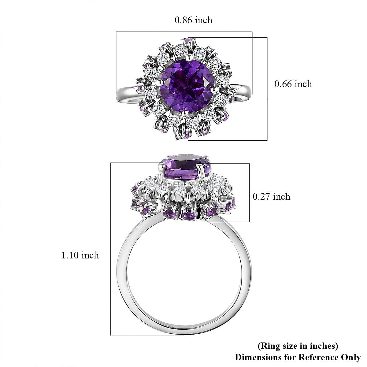 Premium Amethyst and Natural White Zircon Cocktail Ring in Platinum Over Sterling Silver (Size 5.0) 2.75 ctw image number 5