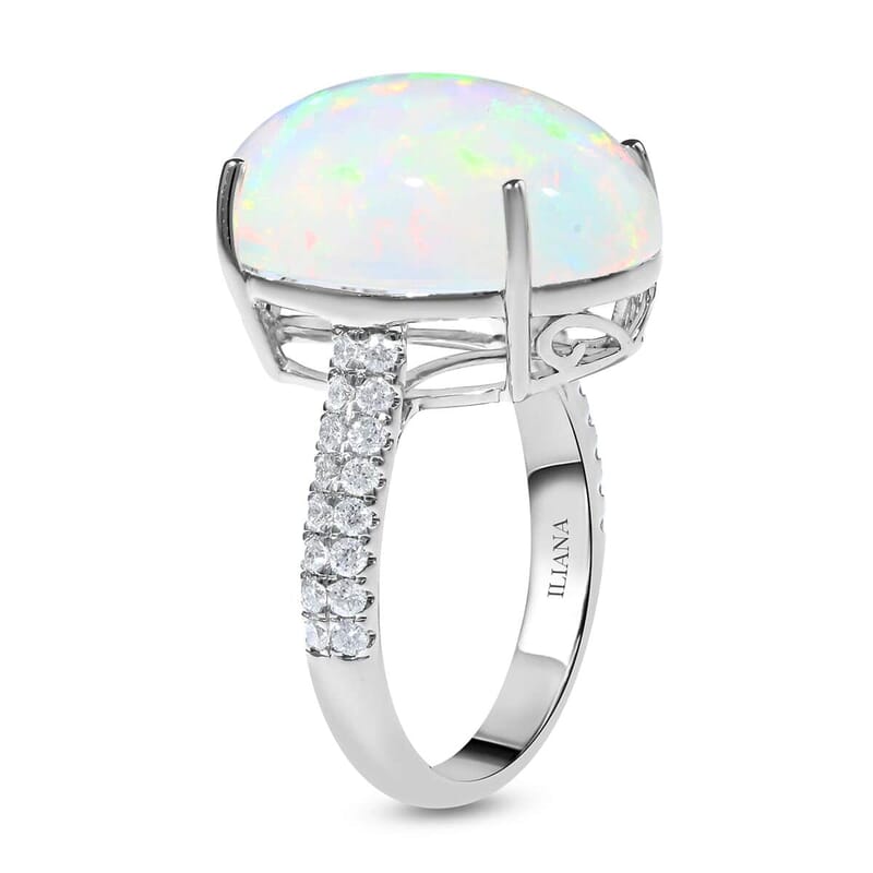 Certified & Appraised Iliana 18K White Gold AAA Ethiopian Welo Opal and G-H SI Diamond Ring (Size 10.0) 4.30 Grams 9.40 ctw