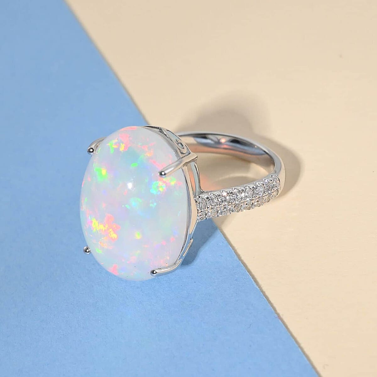 Certified & Appraised Iliana 18K White Gold AAA Ethiopian Welo Opal and G-H SI Diamond Ring (Size 7.0) 4.30 Grams 9.40 ctw image number 1