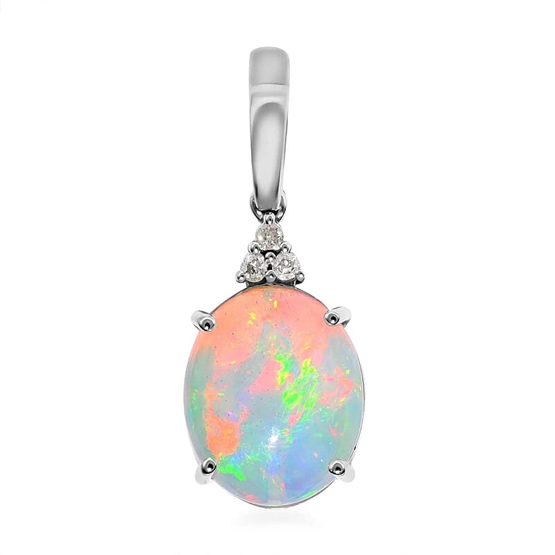 Certified Luxoro 10K White Gold AAA Ethiopian Welo Opal and G-H I1 Diamond Pendant without Chain 2.40 ctw
