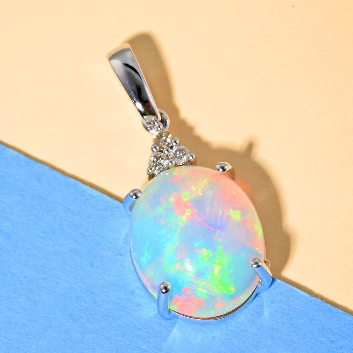 Certified Luxoro 10K White Gold AAA Ethiopian Welo Opal and G-H I1 Diamond Pendant 2.40 ctw image number 1