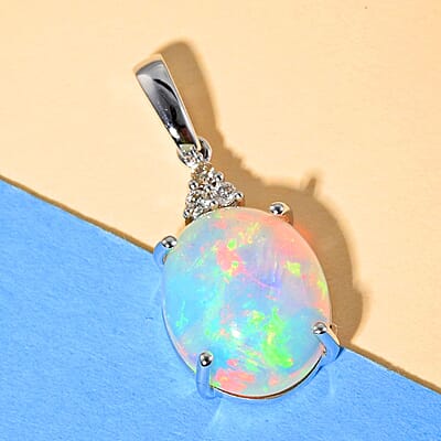 Certified Luxoro 10K White Gold AAA Ethiopian Welo Opal and G-H I1 Diamond Pendant without Chain 2.40 ctw