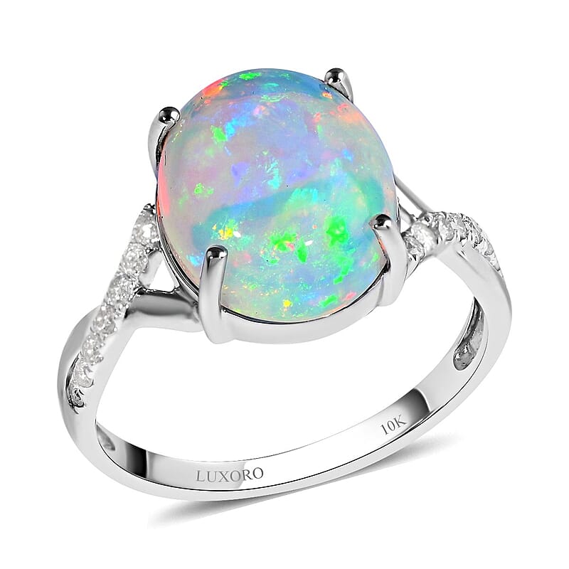Certified & Appraised Luxoro 10K White Gold AAA Ethiopian Welo Opal and G-H I1 Diamond Ring (Size 10.0) 3.20 ctw