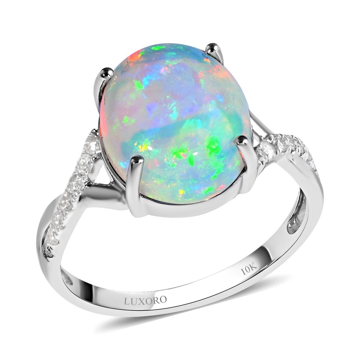 Certified & Appraised Luxoro 10K White Gold AAA Ethiopian Welo Opal and G-H I1 Diamond Ring (Size 8.0) 3.20 ctw image number 0