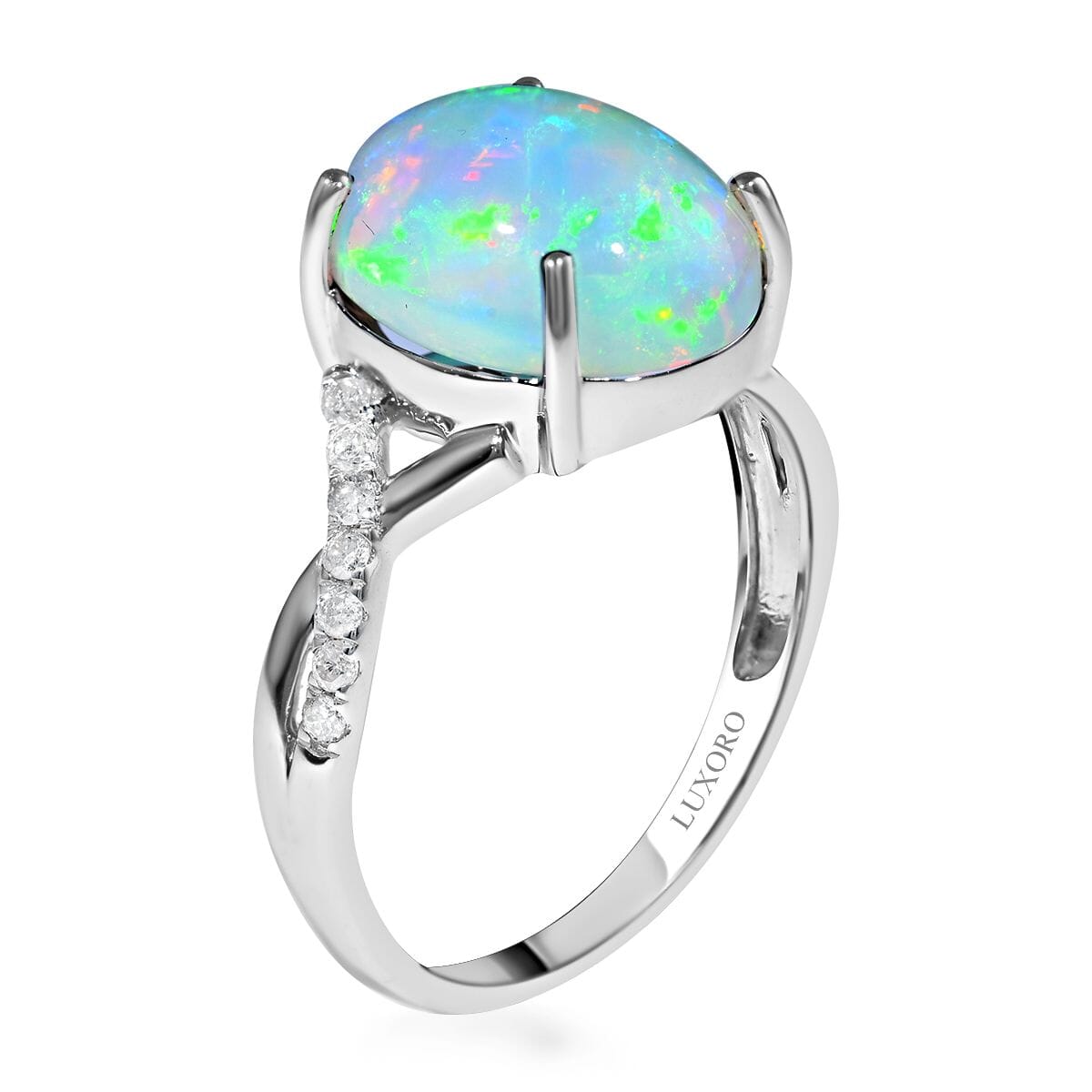 Certified & Appraised Luxoro 10K White Gold AAA Ethiopian Welo Opal and G-H I1 Diamond Ring (Size 8.0) 3.20 ctw image number 3