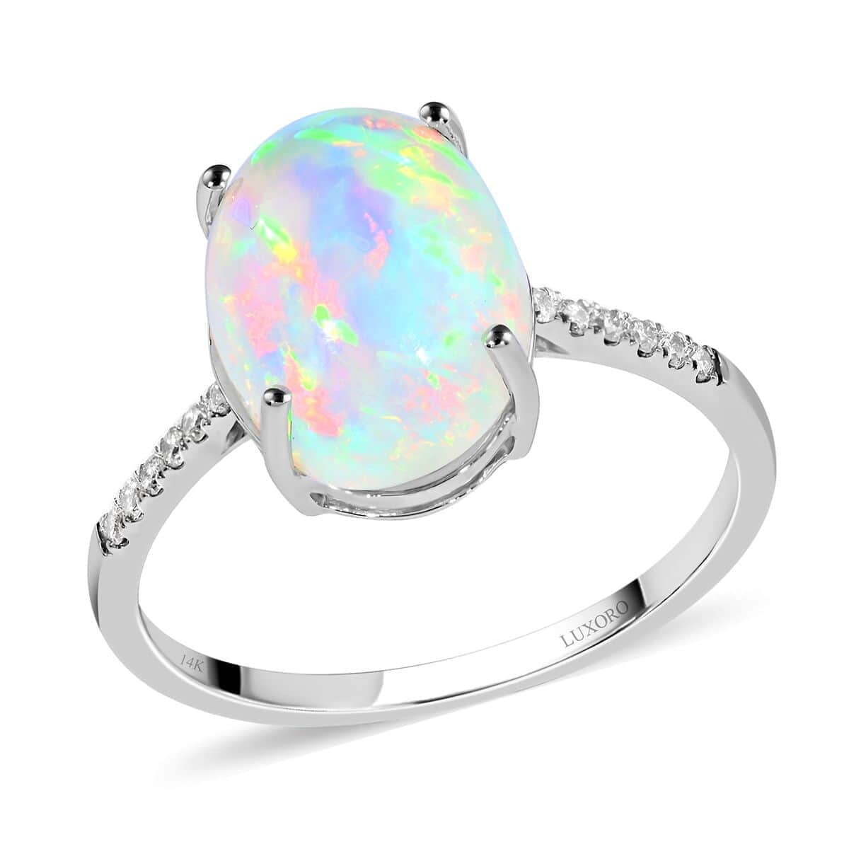 Certified & Appraised LUXORO 14K White Gold AAA Ethiopian Welo Opal and G-H I1 Diamond Ring 2.30 Grams 4.35 ctw image number 0