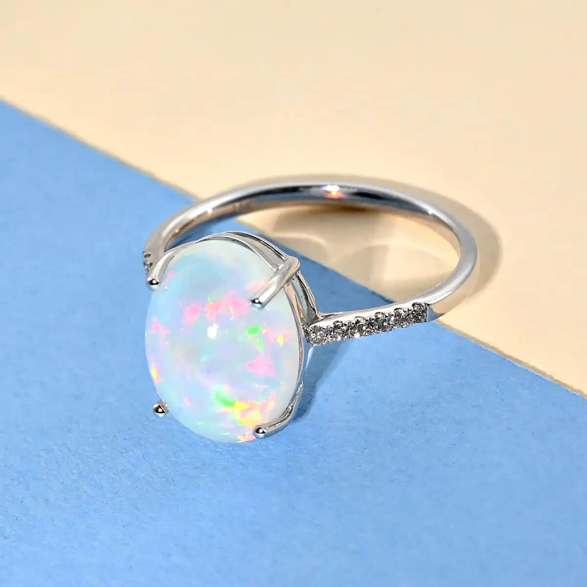 Certified & Appraised LUXORO 14K White Gold AAA Ethiopian Welo Opal and G-H I1 Diamond Ring 2.30 Grams 4.35 ctw image number 1